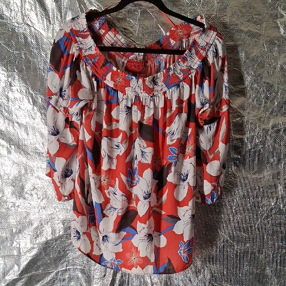 Jennifer Lopez Red and Blue Floral Blouse
